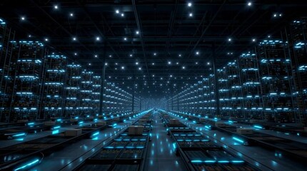 Wall Mural - A massive fully automated lights-out warehouse at night, showcasing robotic systems, industrial automation, and high-tech logistics