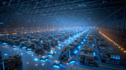 Wall Mural - A massive fully automated lights-out warehouse at night, showcasing robotic systems, industrial automation, and high-tech logistics