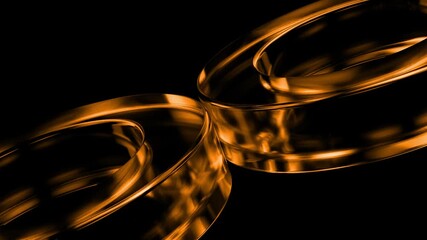 Metallic golden rings rotating smoothly against deep black background, creating elegant geometric composition with minimalist technological aesthetic