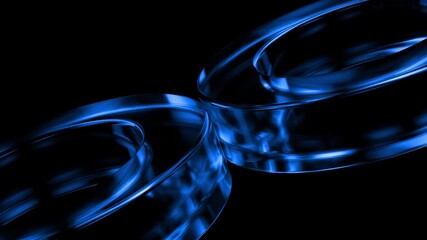 Metallic blue rings rotating slowly against black background, creating dynamic abstract composition with seamless, futuristic motion and elegant design elements