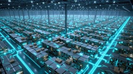 Wall Mural - A massive fully automated lights-out warehouse at night, showcasing robotic systems, industrial automation, and high-tech logistics