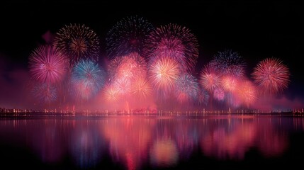 Bright colorful fireworks exploding over water at night