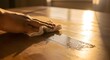 © Vektor Stokart - A closeup shot of a hand wiping a polished wooden surface with a cloth, highlighting the texture and sheen under warm sunlight