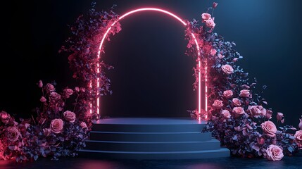 Wall Mural - a dark, moody presentation space featuring a neon pink archway, overflowing with stylized pink roses