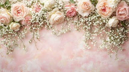 Wall Mural - delicate arrangement of pastel-toned roses and baby's breath, artfully displayed against a textured,