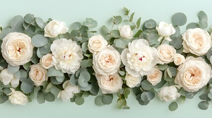 Wall Mural - delicate arrangement of cream roses, peonies, and eucalyptus leaves arranged on a soft mint-green ba