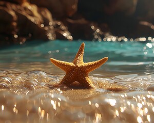 Wall Mural - tranquil starfish resting on golden sand by the serene ocean
