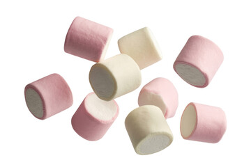 Wall Mural - Pink and white marshmallows floating against a transparent background. background removed