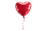 A single red heart-shaped balloon with a curled ribbon, isolated on a transparent background. background removed