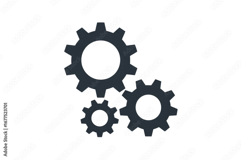 Three interlocking dark-grey gears on a transparent background; a ...