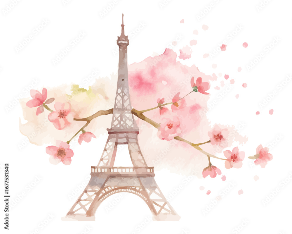 Watercolor Eiffel Tower with Pink Cherry Blossoms Paris Illustration