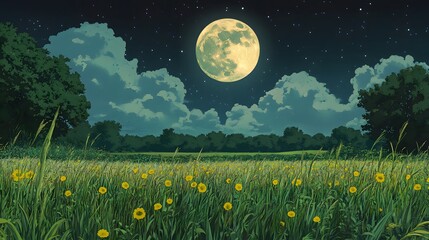 Wall Mural - a serene, full moonlit meadow bathed in the soft glow of stars and clouds, filled with wildflowers a