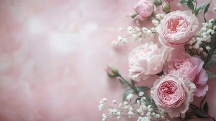 Wall Mural - delicate pink roses and baby's breath arranged beautifully on a soft, pastel background.