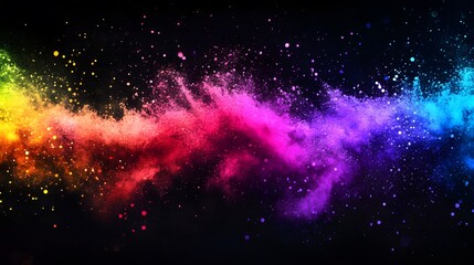 A vibrant display of colorful powder exploding in a dynamic, abstract composition against a dark background.
