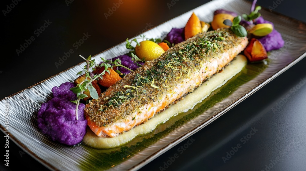 Herb crusted fish fillet with golden herb crust elegantly plated with ...