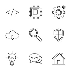 Thin line icon set representing technology, web development, and business communication concepts