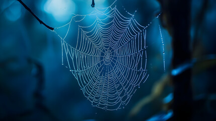 Glistening spider web in nature at close range macro shot