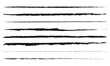 © RadiantForms - Charcoal pencil straight horizontal lines. Black hand drawn stripes, ink brush strokes. Scribble charcoal texture lines vector set. Grunge smears, thin and thick chalk strokes, pencil underline.