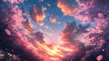 Wall Mural - a breathtaking vista of cherry blossoms in full bloom against a vibrant sunset sky, filled with scat