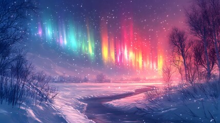 Wall Mural - a breathtaking winter landscape, adorned with a vibrant aurora borealis, showcases a serene river fl