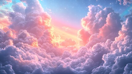 Wall Mural - a breathtaking view of fluffy, pastel-colored clouds illuminated by a warm, golden light, creating a