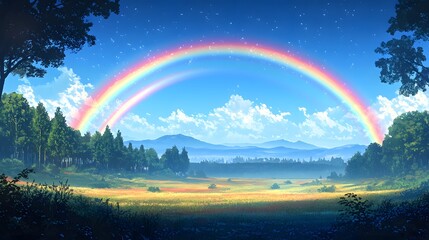 Wall Mural - a picturesque landscape unfolds beneath a vibrant double rainbow, showcasing a serene meadow, lush f
