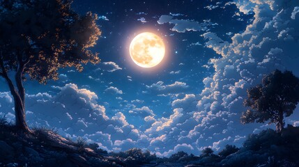 Wall Mural - a vast, starry night sky displays a luminous full moon, silhouetted trees, and fluffy clouds, creati