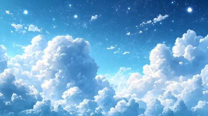 Wall Mural - a vast expanse of cumulus clouds against a brilliant blue sky, dotted with shimmering stars.
