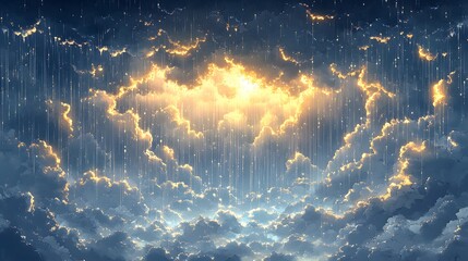 Wall Mural - a dramatic sky filled with golden light, raining down through fluffy clouds. a scene of ethereal bea