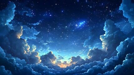 Wall Mural - a breathtaking view of a night sky filled with vibrant stars and fluffy clouds, showcasing a beautif