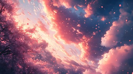 Wall Mural - a breathtaking view of a blossoming cherry blossom trees against a vibrant sunset sky filled with fa