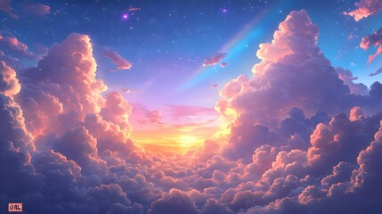 Wall Mural - a breathtaking view of a vibrant sunset through a sky filled with fluffy, pastel-colored clouds, cre
