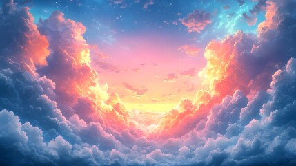 Wall Mural - a vibrant, colorful depiction of a majestic sky filled with fluffy clouds, showcasing a beautiful su