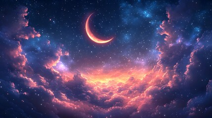 Wall Mural - a celestial panorama showcasing a crescent moon bathed in the soft glow of twilight clouds, dotted w