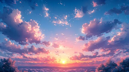 Wall Mural - a vibrant sunset sky, filled with fluffy clouds of pastel pinks, purples, and blues, showcases a ser