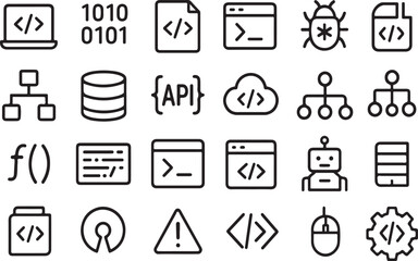 Collection of modern digital technology icons representing coding programming software development cloud computing ai and data processing