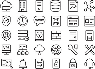 Collection of hand-drawn icons representing cloud computing networking data servers security and web development concepts