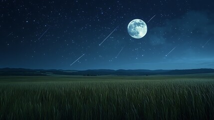 Wall Mural - Bright full moon illuminating peaceful snowy forest scene high resolution picture