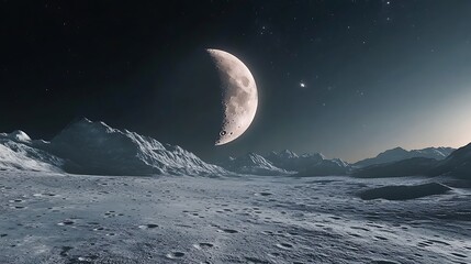 Wall Mural - Crescent moon rising above snowy mountains under starry night high resolution picture