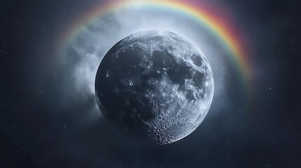 Wall Mural - Dark moon glowing with colorful rainbow halo and cosmic stars high resolution picture