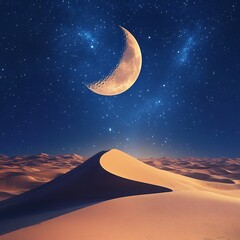 Wall Mural - Desert landscape under crescent moon and stars high resolution picture