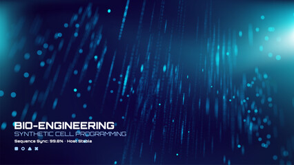 Bio-engineering synthetic cell programming abstract background with light blue particles and dark blue space.