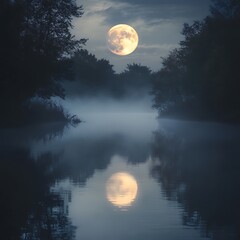 Wall Mural - Full moon rising over misty river with glowing reflection high resolution picture
