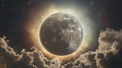 Wall Mural - Full moon shining over calm ocean reflecting bright moonlight high resolution picture