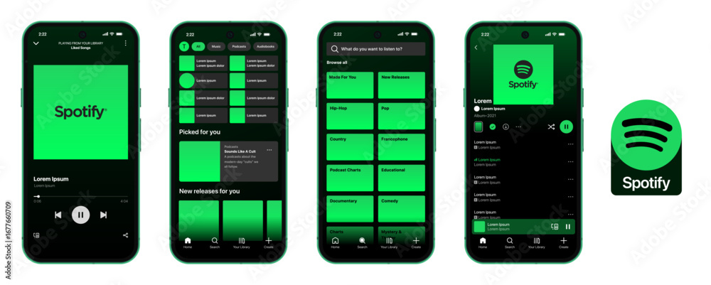 Spotify Mobile UI Mockup Template Home, Search, Library, Now Playing ...