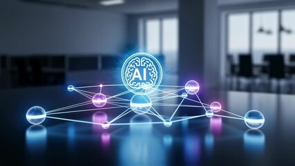 Wall Mural - Artificial intelligence brain icon, AI network visualization in an office setting. AI technology advancing, deep learning innovation. Footage.
