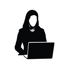 Silhouette of a woman in hijab working on a laptop computer, woman in hijab with laptop silhouette vector illustration