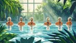 © spotlight designer - Women in swimsuits relax in a tranquil indoor pool surrounded by lush tropical plants and sunlight streaming through large windows.