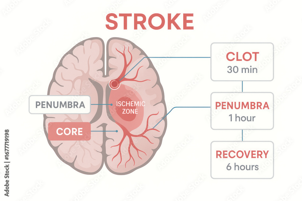 Stroke illustration showing ischemic zone, penumbra and the timeline ...