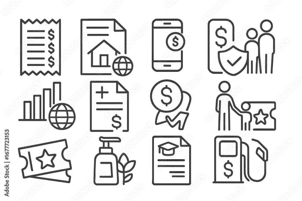 Budget Icons Collection. Line style icons of budget categories in ...